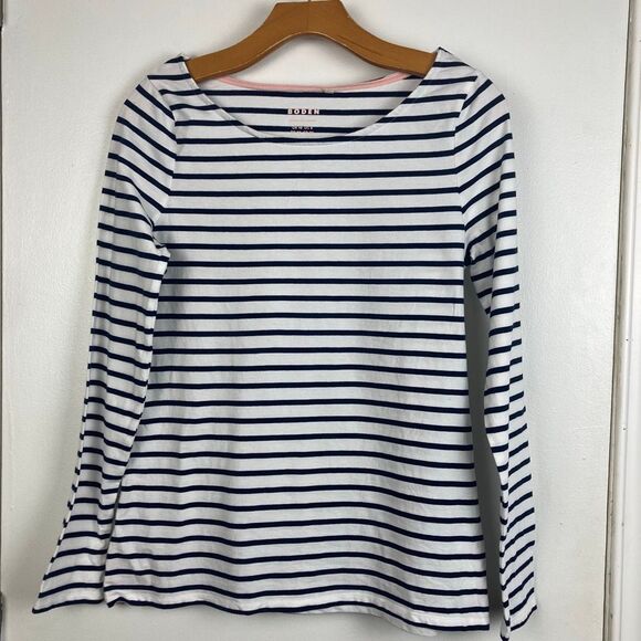 BODEN White Navy Striped Round Neck Long Sleeve Tee 100% Cotton Nautical sz 6 US - Picture 1 of 7